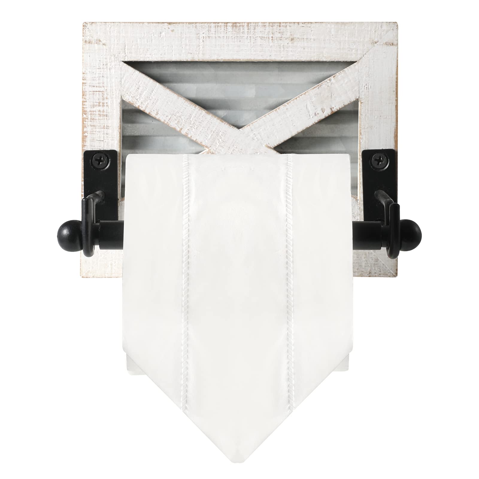 Farmhouse Toilet Paper Holder With Galvanized Metal& Black Metal - Rustic Weathered White Wood Wall Mount Toilet Roll Holder For